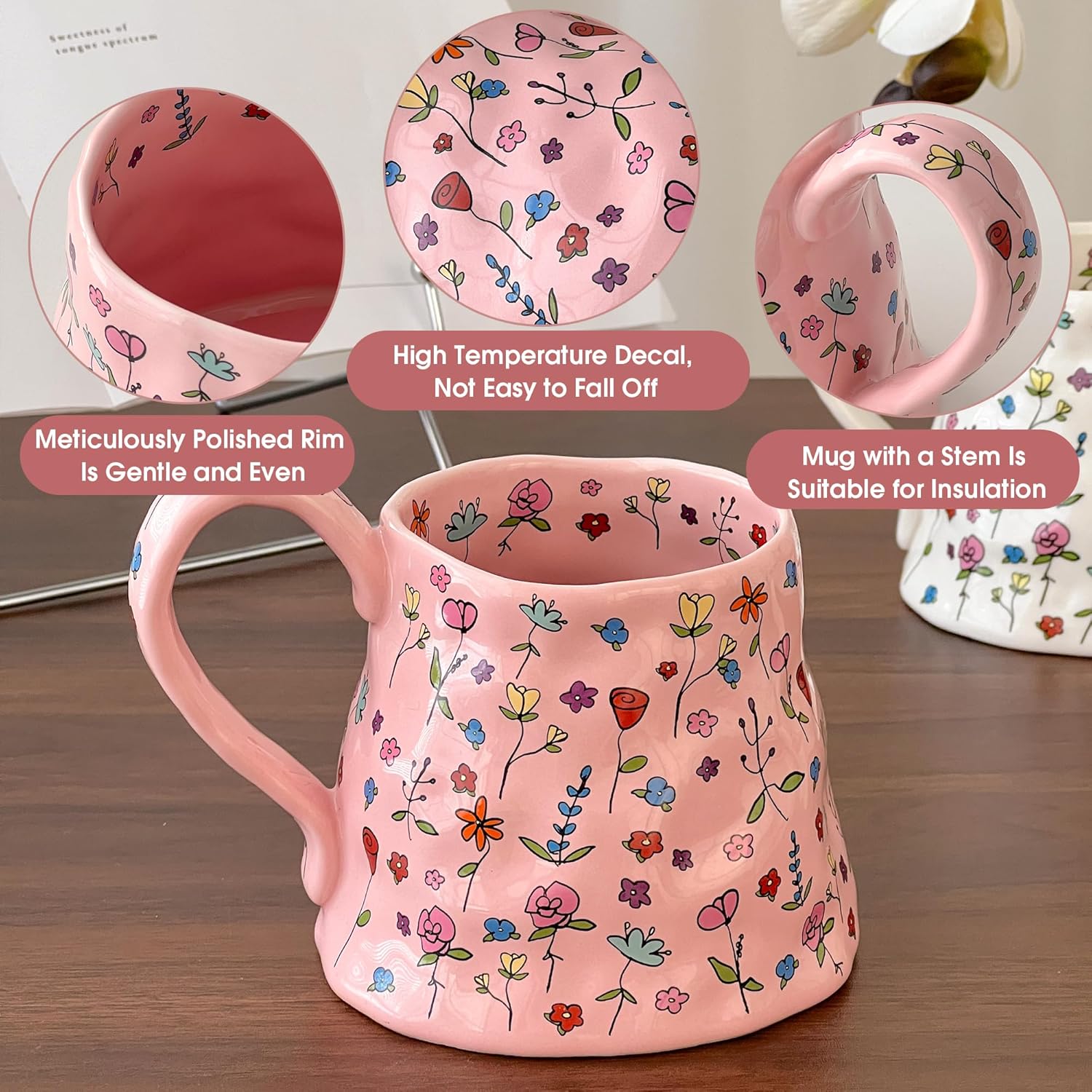 Large Ceramic Coffee Mug Pink Cute Flower with Big Handle, 20oz Girly Floral Tea Cup for Women Mothers Day Gifts, Novelty Irregular Oversized Mugs for Valentines Day Gifts for Her - Image 3